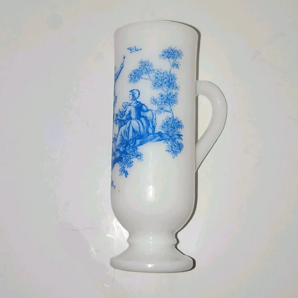 VINTAGE AVON Irish Coffee Mug White Milkglass With Blue Victorian Design 5.5